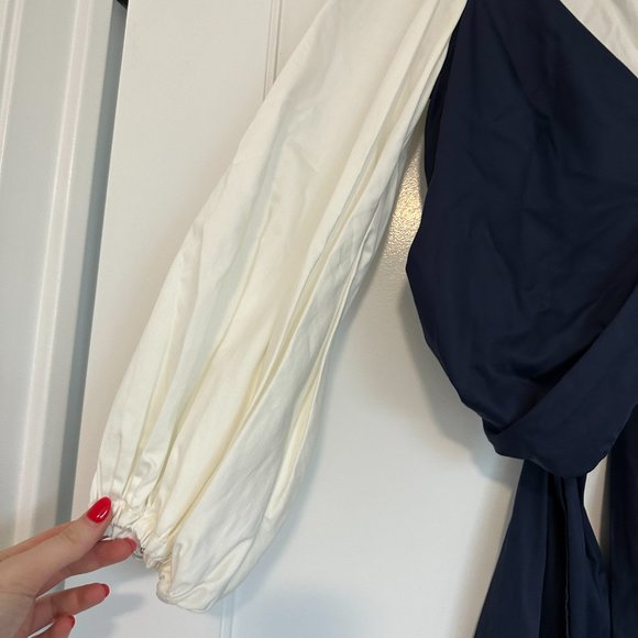 Johanna Ortiz Crop Top Balloon Sleeve Poplin Cotton Self-tie Back Sz 4 Navy Whit - Picture 6 of 12